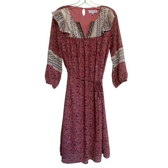 Piper & Scoot Women's Pink Boho Floral Prairie Midi Dress Small Tie belt S - EUC - Picture 1 of 12